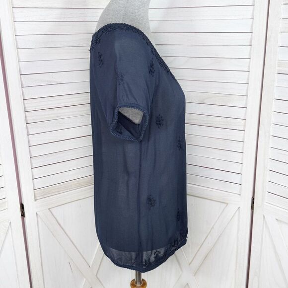 Lucky Brand Embroidered Sheer Chiffon Tee Shirt Navy Blue XS - Picture 3 of 11